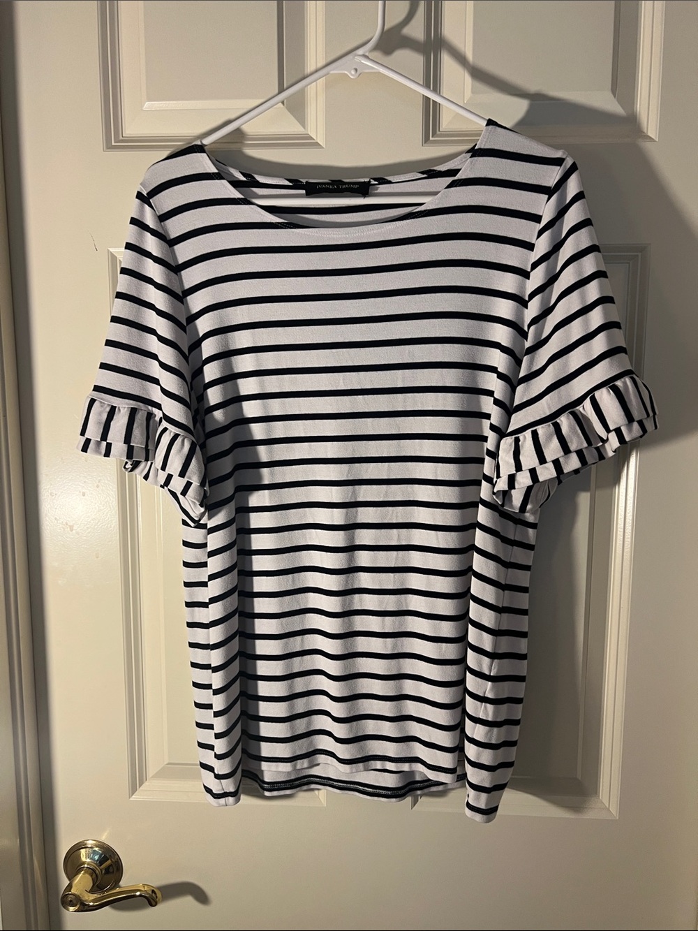 Ivanka Trump Black & White Striped Ruffle Sleeve Top